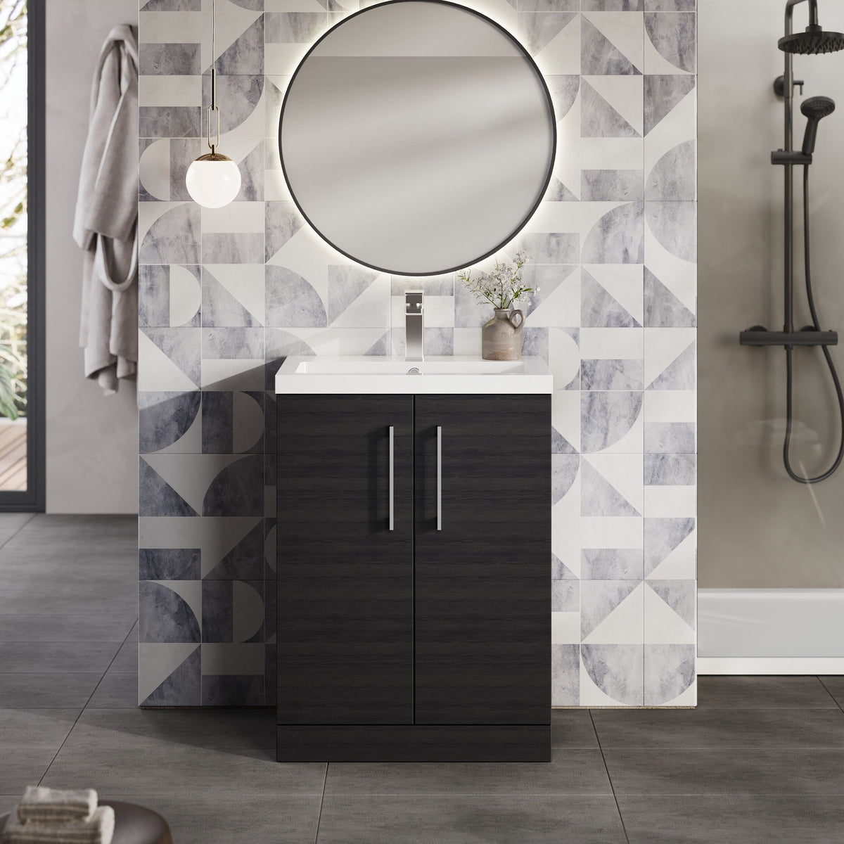 Modern Splash Compact 600mm Charcoal Black 2 Door Floor Standing Vanity Unit With Polymarble Basin