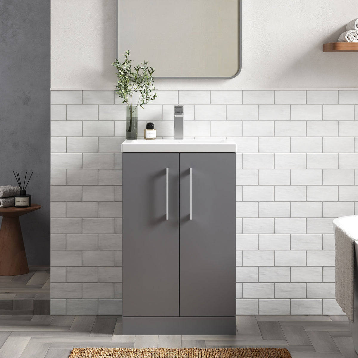 Modern Splash Compact 500mm Satin Grey 2 Door Floor Standing Vanity Unit With Basin