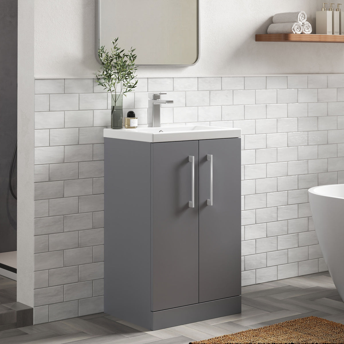 Modern Splash Compact 500mm Satin Grey 2 Door Floor Standing Vanity Unit With Basin