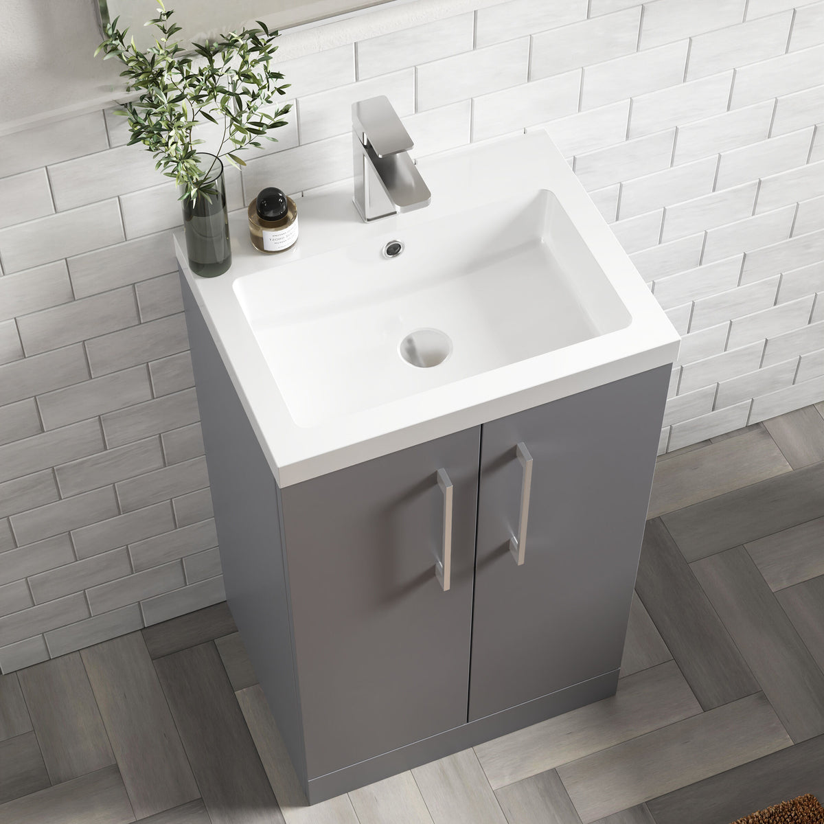 Modern Splash Compact 500mm Satin Grey 2 Door Floor Standing Vanity Unit With Polymarble Basin