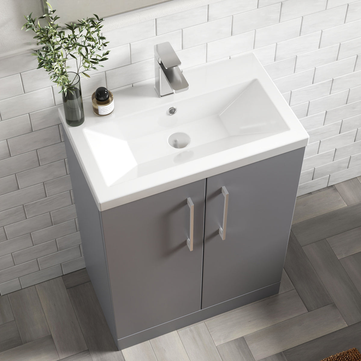 Modern Splash Compact 600mm Satin Grey 2 Door Floor Standing Vanity Unit With Basin