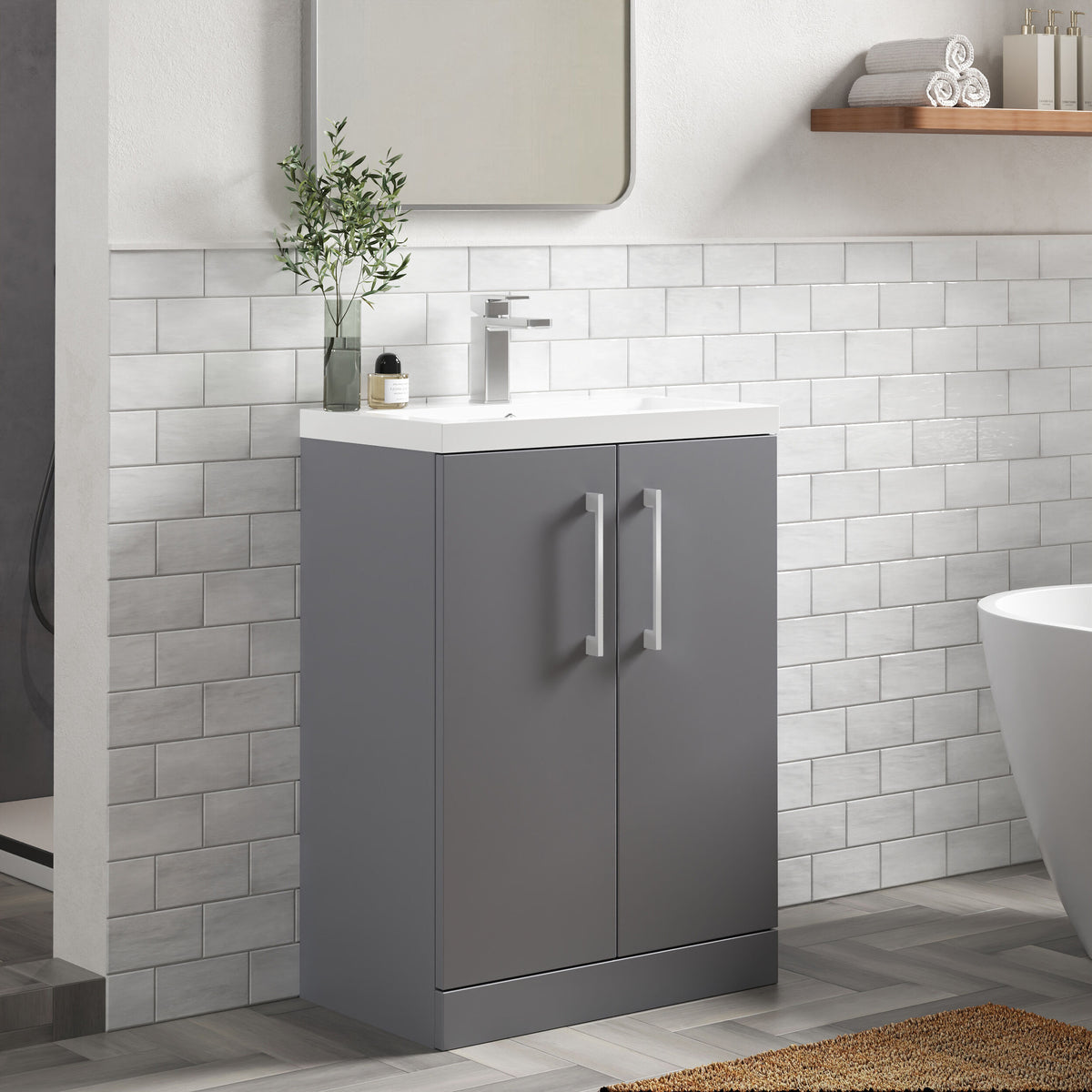 Modern Splash Compact 600mm Satin Grey 2 Door Floor Standing Vanity Unit With Polymarble Basin