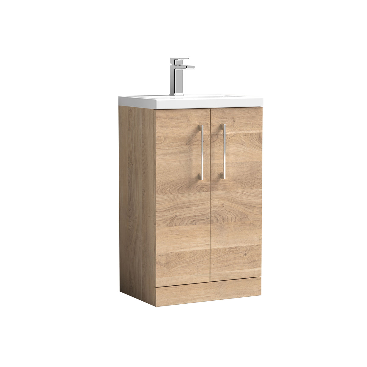 Modern Splash Compact 500mm Bleached Oak 2 Door Floor Standing Vanity Unit With Polymarble Basin