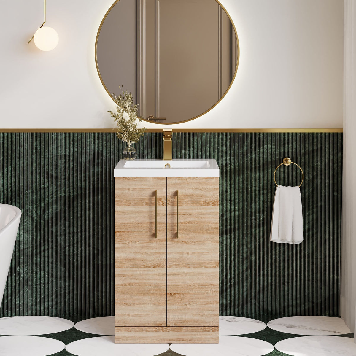 Modern Splash Compact 500mm Bleached Oak 2 Door Floor Standing Vanity Unit With Polymarble Basin