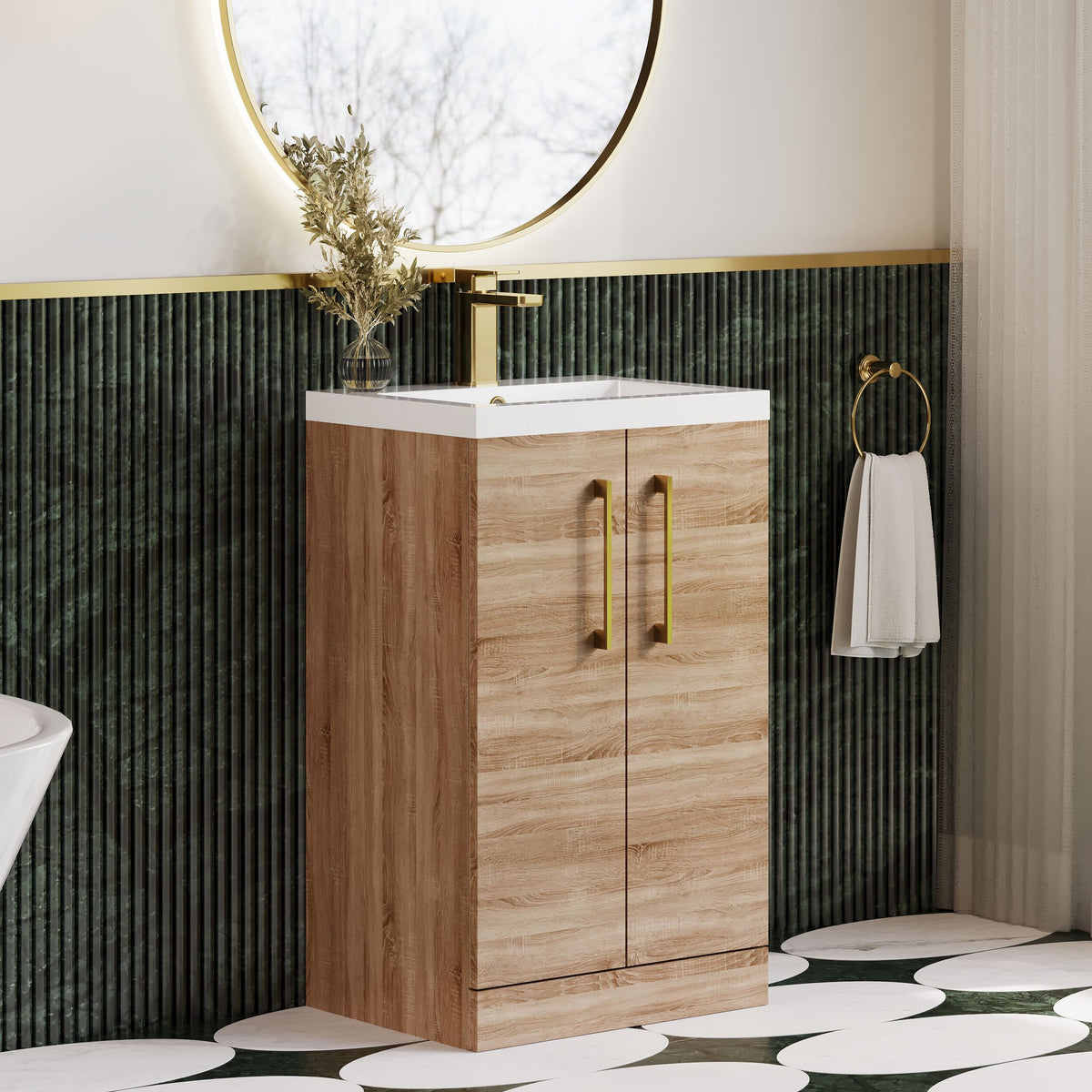 Modern Splash Compact 500mm Bleached Oak 2 Door Floor Standing Vanity Unit With Polymarble Basin