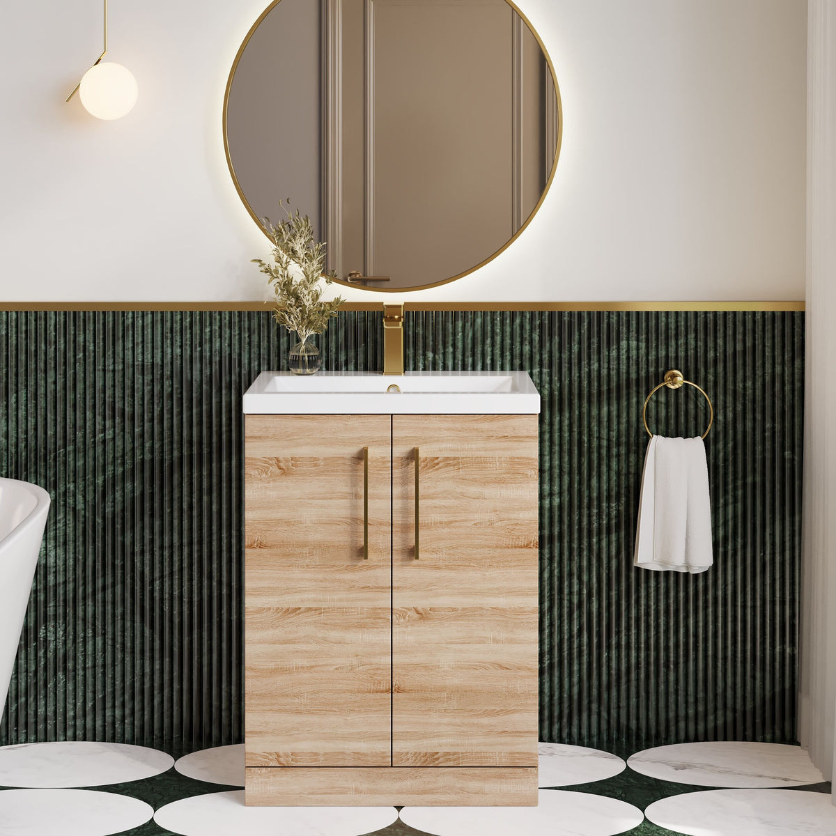 Modern Splash Compact 600mm Bleached Oak 2 Door Floor Standing Vanity Unit With Polymarble Basin