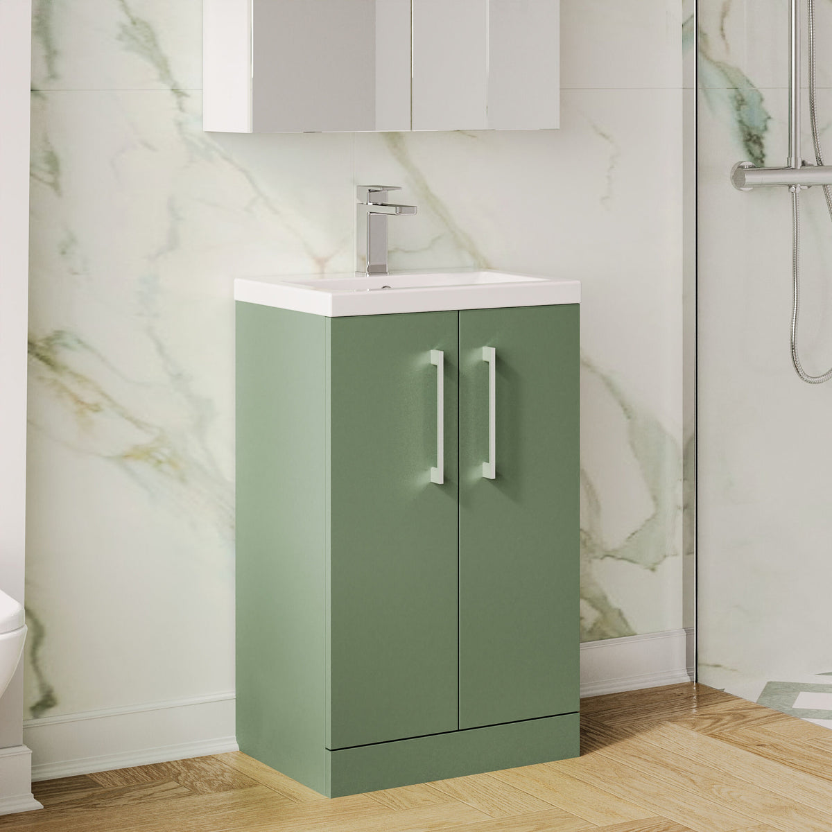Modern Splash Compact 500mm Satin Green 2 Door Floor Standing Vanity Unit With Basin