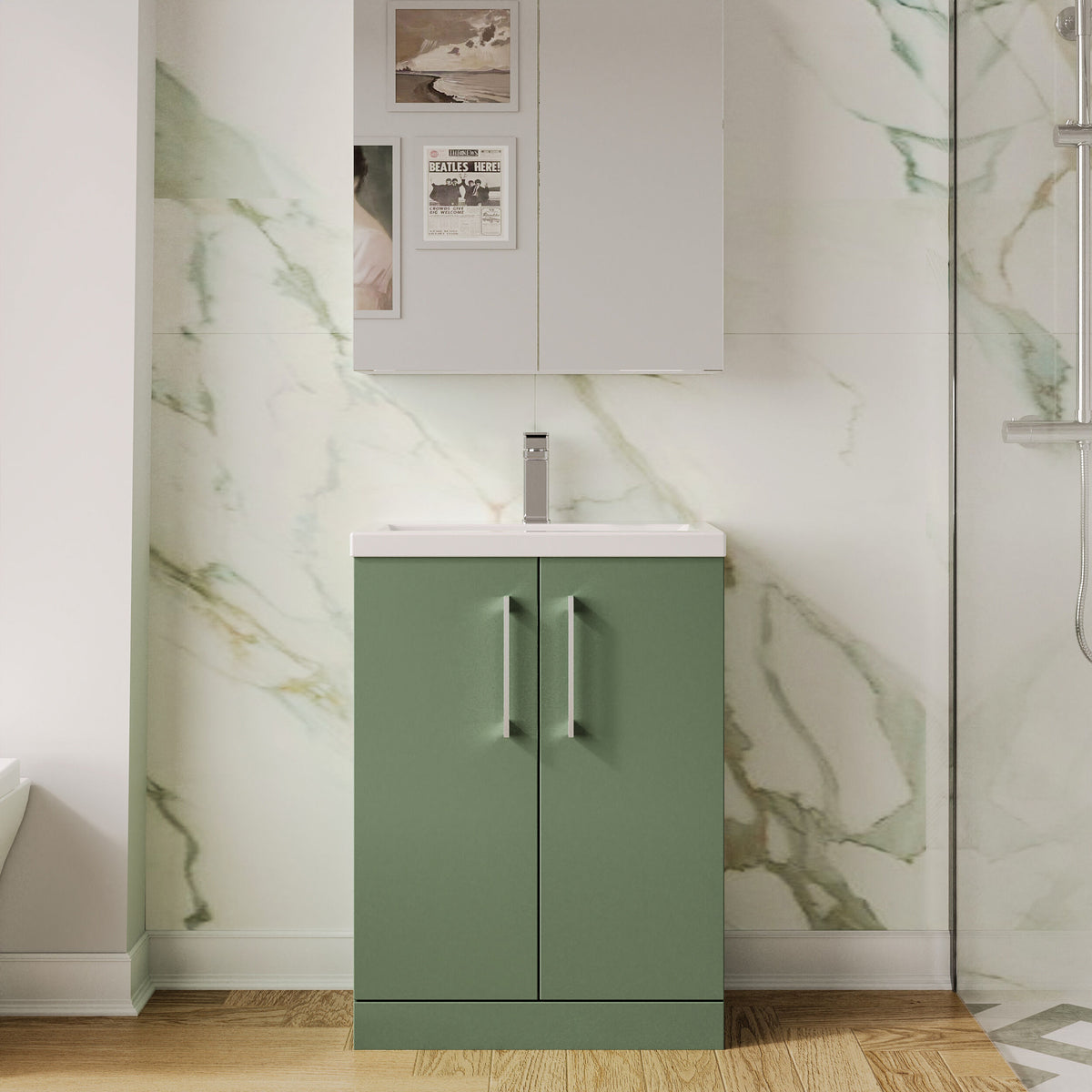 Modern Splash Compact 600mm Satin Green 2 Door Floor Standing Vanity Unit With Basin