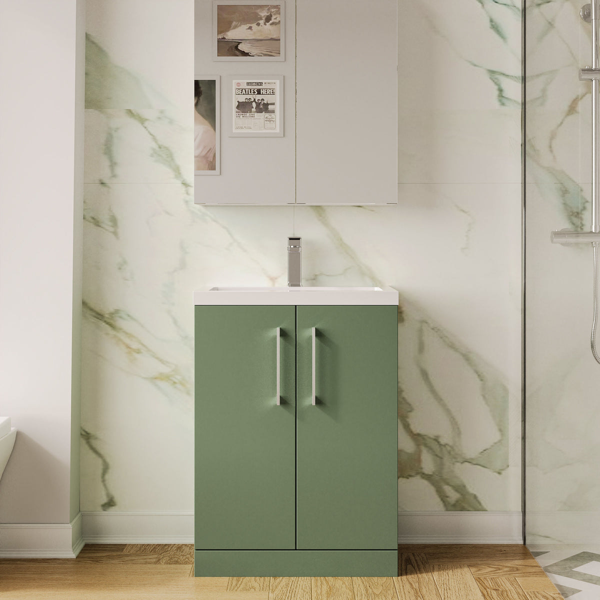 Modern Splash Compact 600mm Satin Green 2 Door Floor Standing Vanity Unit With Polymarble Basin