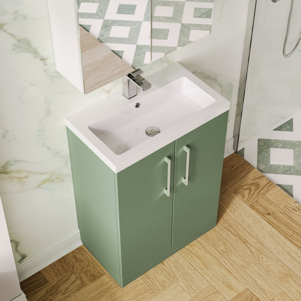 Modern Splash Compact 600mm Satin Green 2 Door Floor Standing Vanity Unit With Polymarble Basin