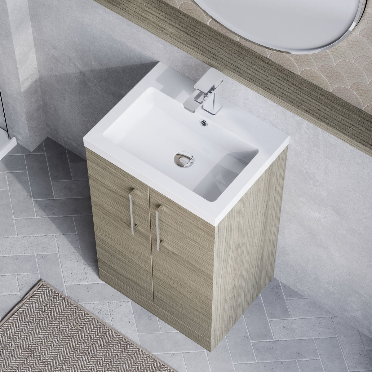 Modern Splash Compact 500mm Solace Oak 2 Door Floor Standing Vanity Unit With Polymarble Basin