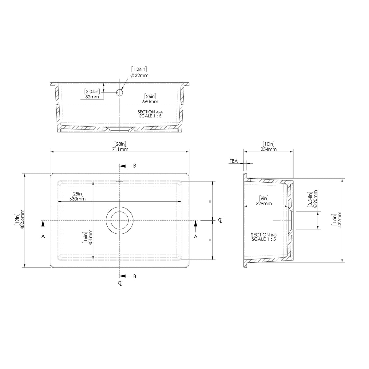 Modern Splash 711mm x 482mm Fireclay White Single Bowl Rectangular Inset Sink With Central Waste And Overflow