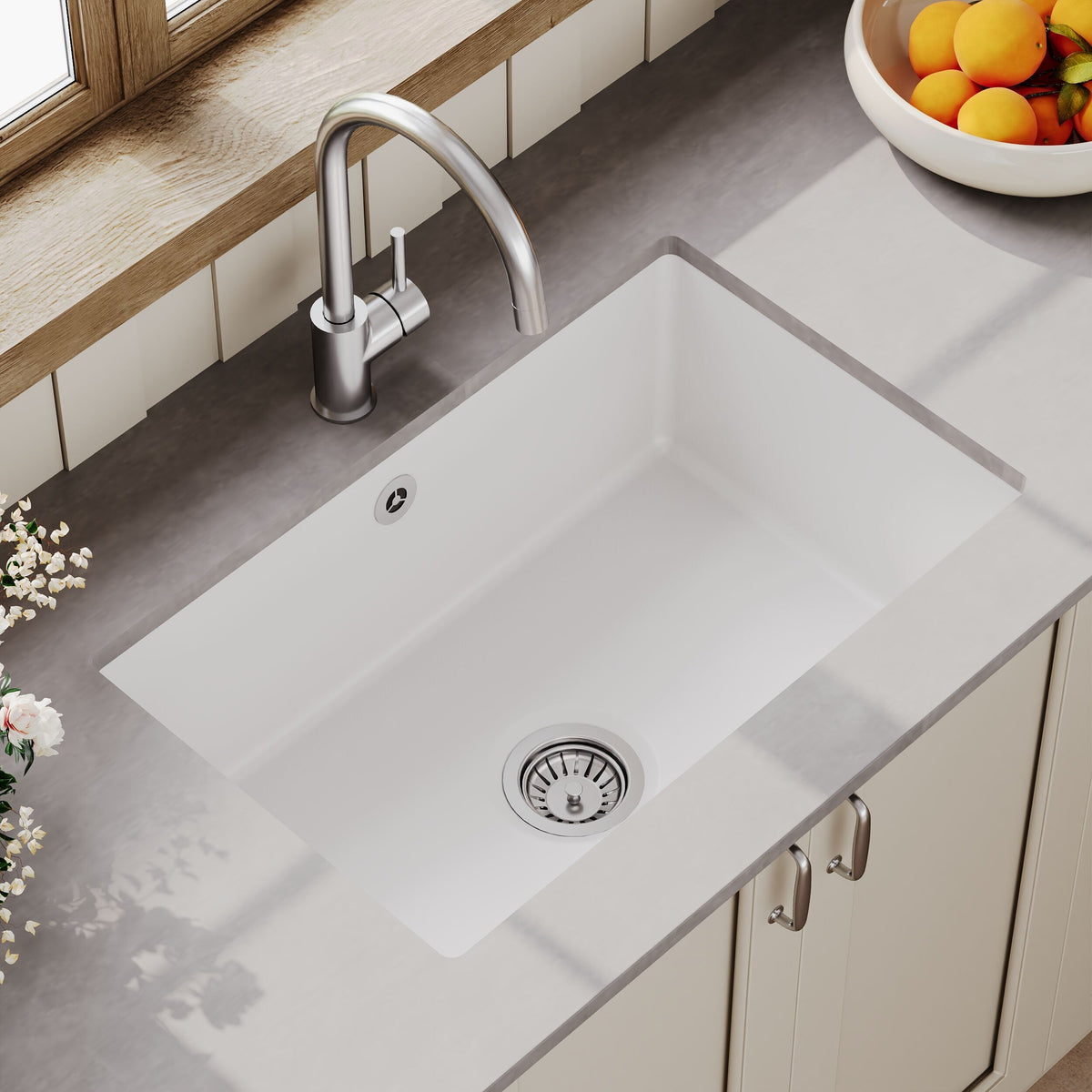 Modern Splash 711mm x 482mm Fireclay White Single Bowl Rectangular Inset Sink With Central Waste And Overflow