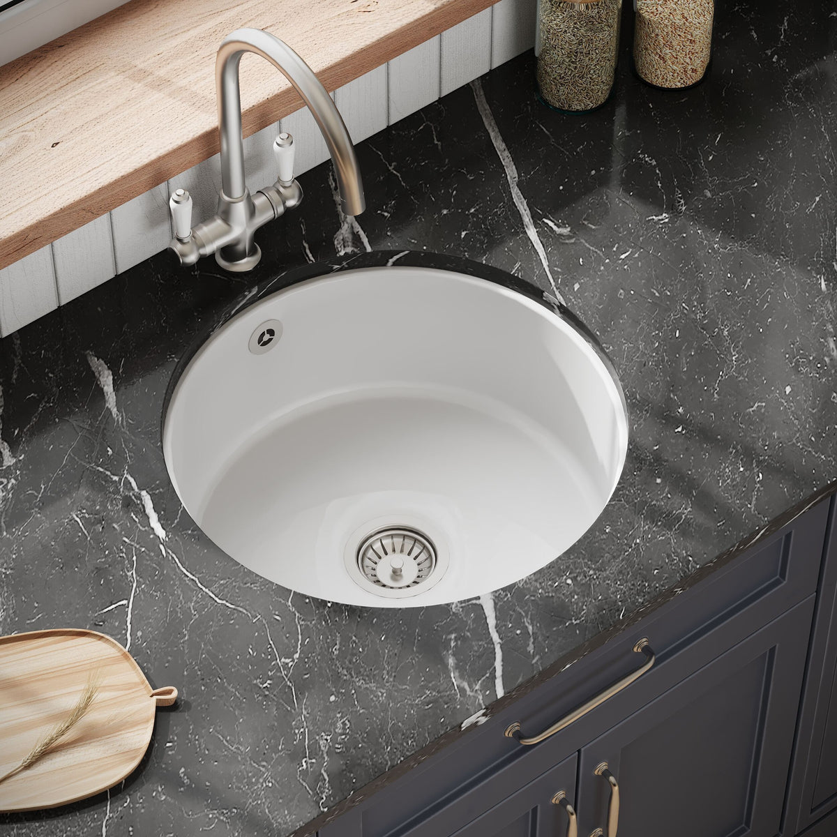 Modern Splash 460mm x 191mm Fireclay White Single Bowl Round Inset Sink With Central Waste And Overflow