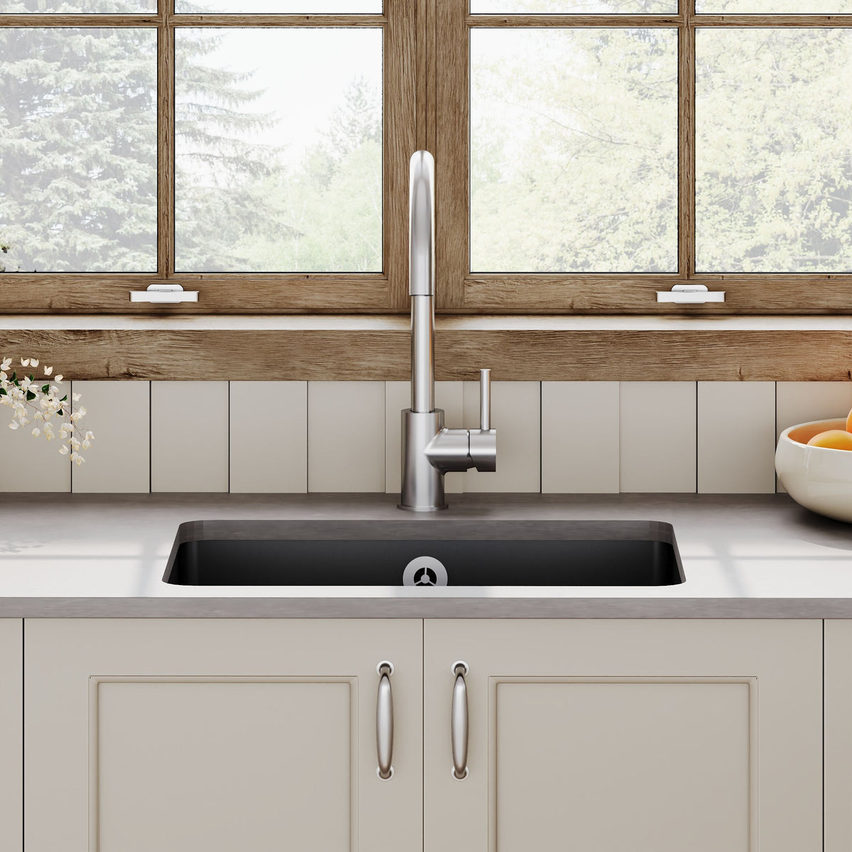 Modern Splash 548mm x 442mm Fireclay Soft Black Single Bowl Rectangular Inset Sink With Central Waste And Overflow