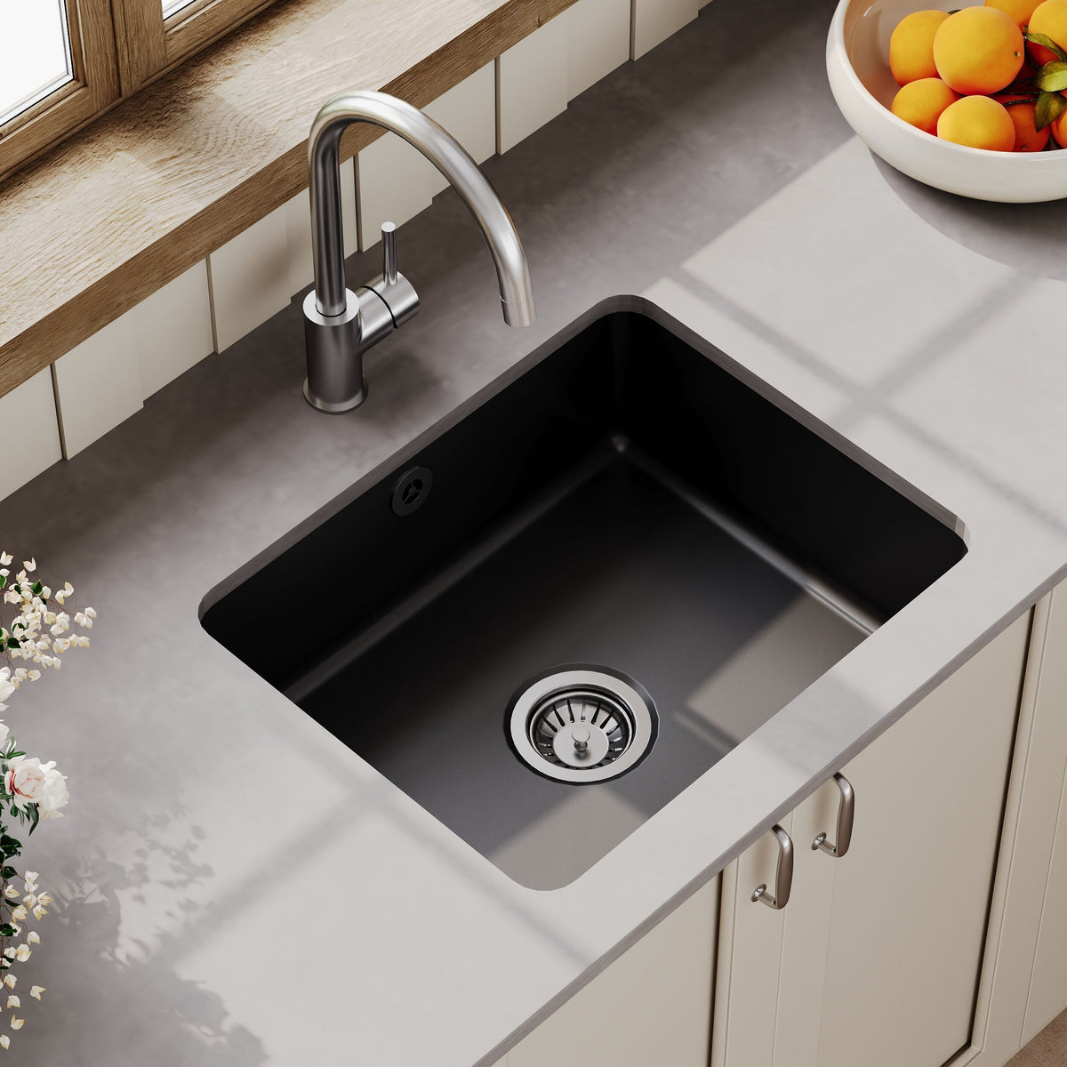 Modern Splash 548mm x 442mm Fireclay Soft Black Single Bowl Rectangular Inset Sink With Central Waste And Overflow