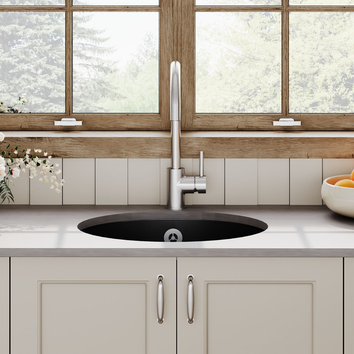 Modern Splash 460mm x 191mm Fireclay Soft Black Single Bowl Round Inset Sink With Central Waste And Overflow