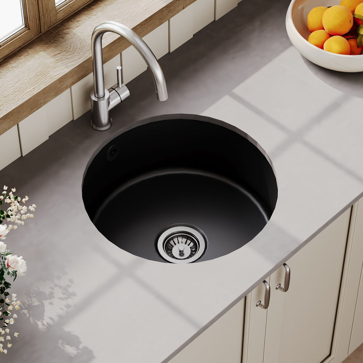Modern Splash 460mm x 191mm Fireclay Soft Black Single Bowl Round Inset Sink With Central Waste And Overflow