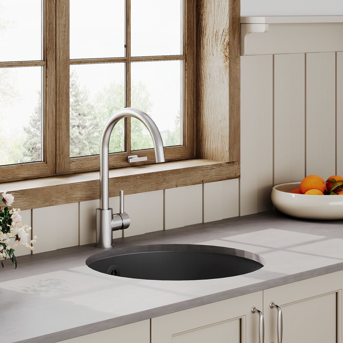 Modern Splash 460mm x 191mm Fireclay Soft Black Single Bowl Round Inset Sink With Central Waste And Overflow