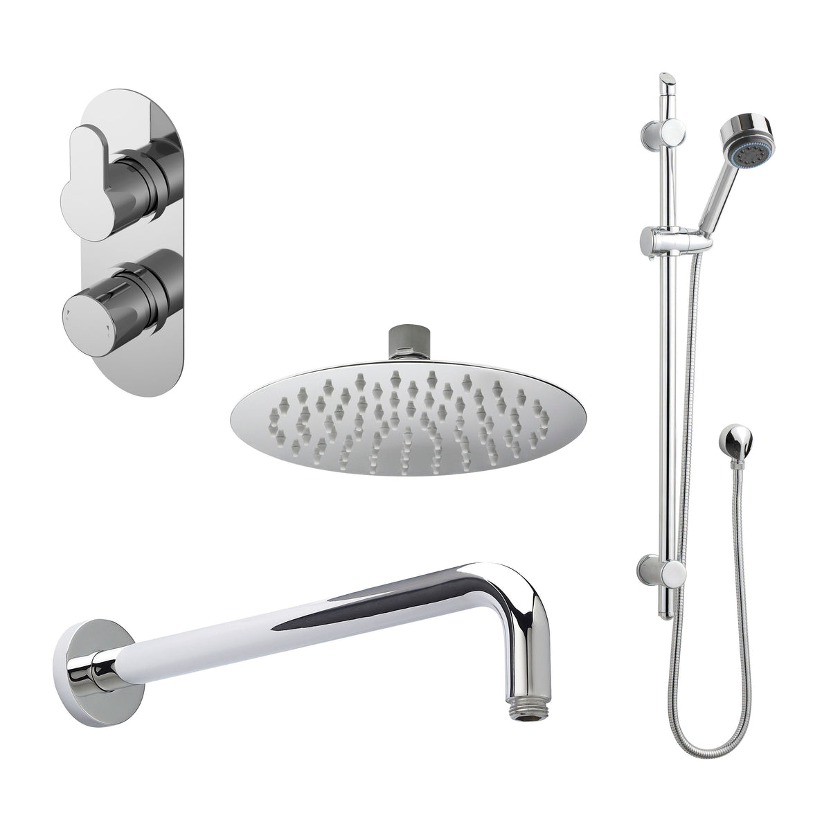 Modern Splash Chrome Twin Thermostatic Valve With Diverter, Shower Arm, Fixed Shower Head And Slider Rail Kit