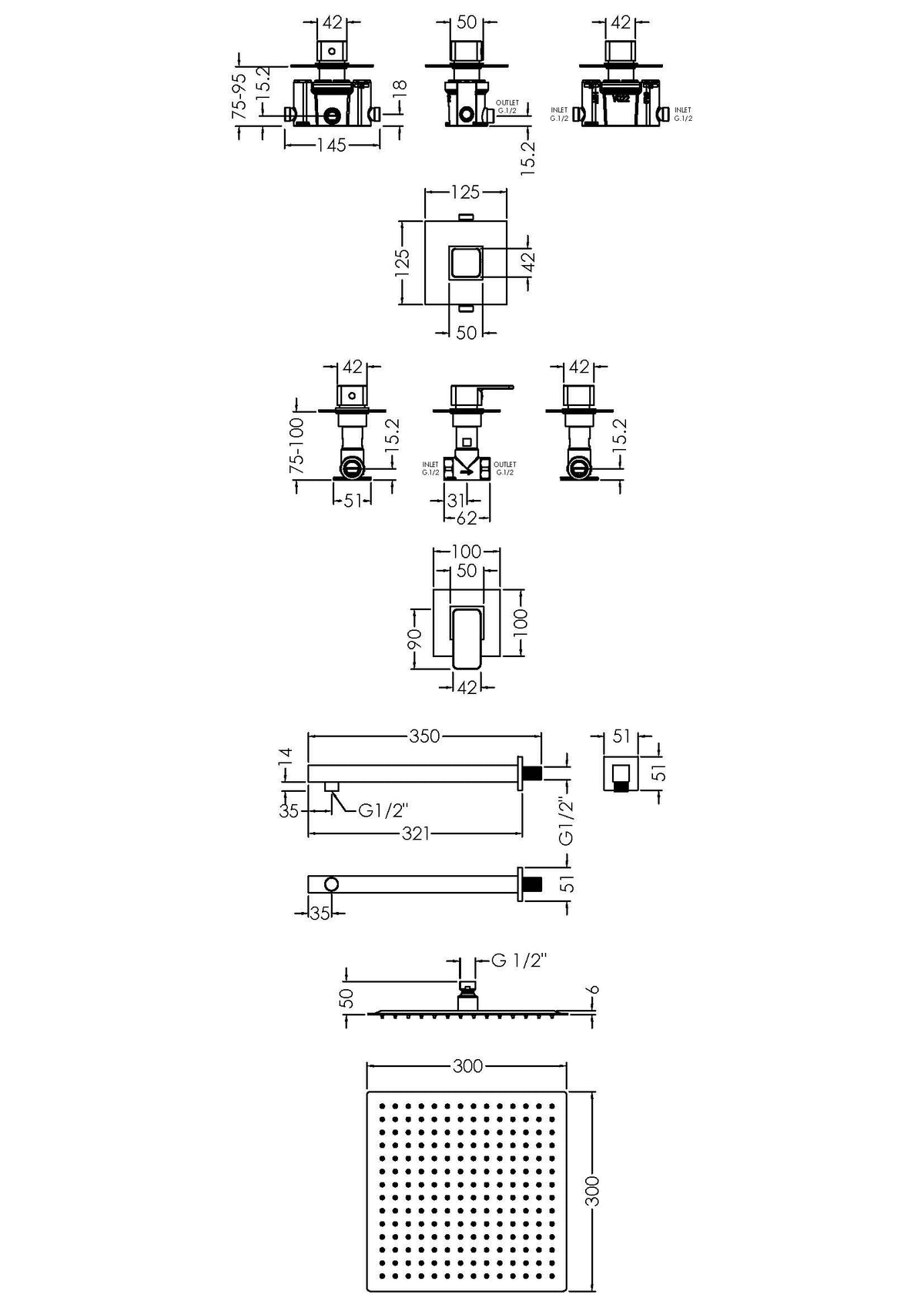 Modern Splash Chrome Square Concealed 1 Outlet Thermostatic Shower System With Cartridge