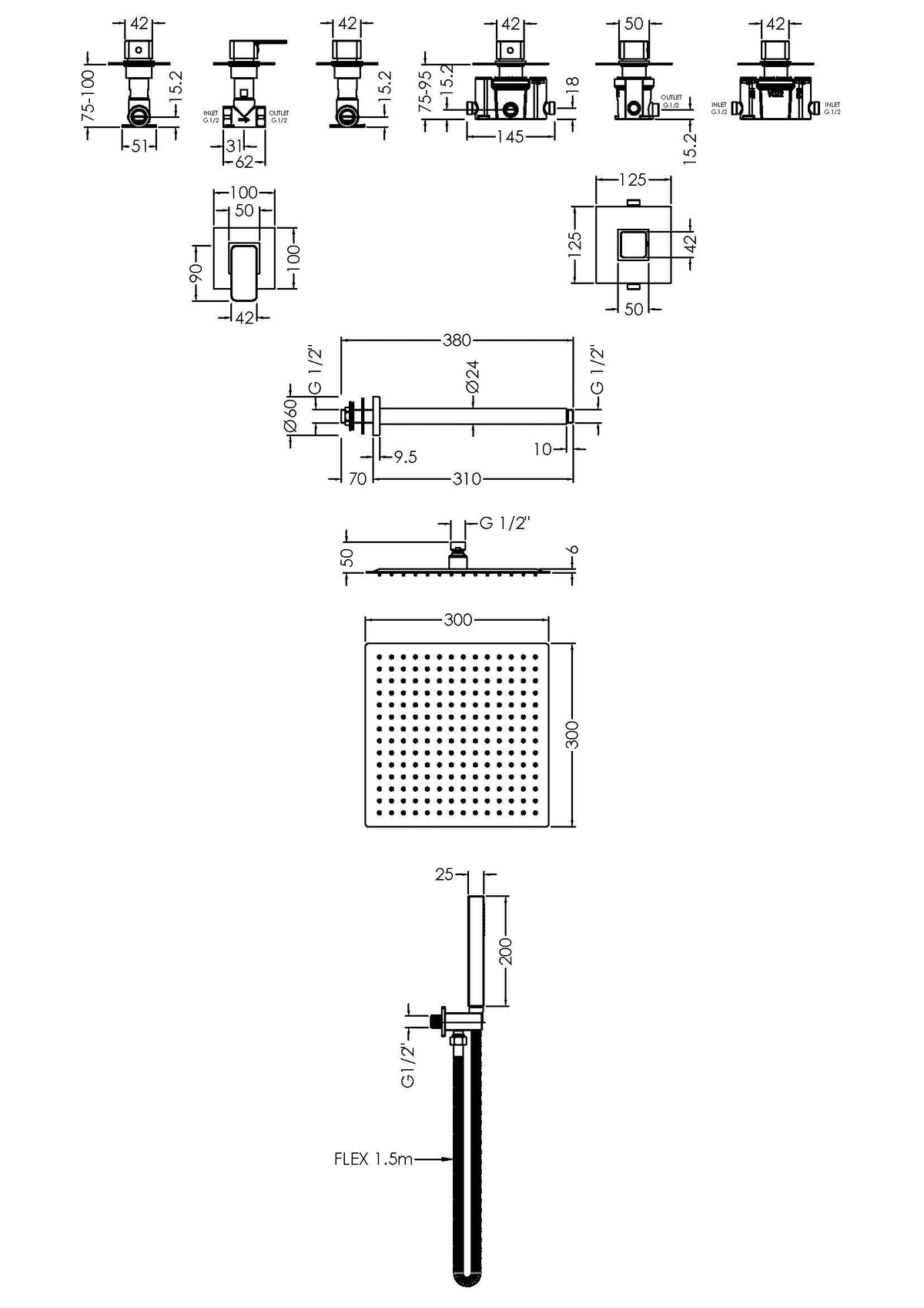 Modern Splash Chrome Square Concealed 2 Outlet Thermostatic Shower Valve With Stop Taps