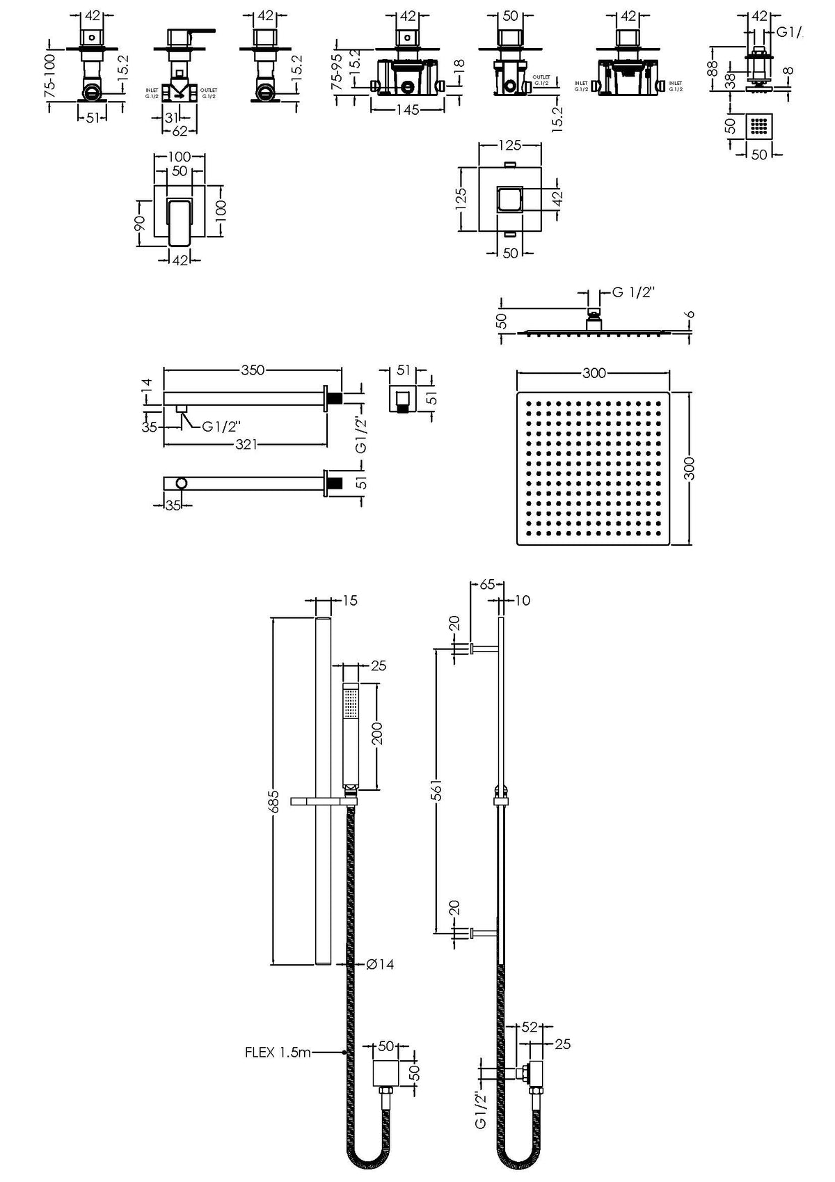 Modern Splash Chrome 3 Outlet Thermostatic Shower System With Stop Taps