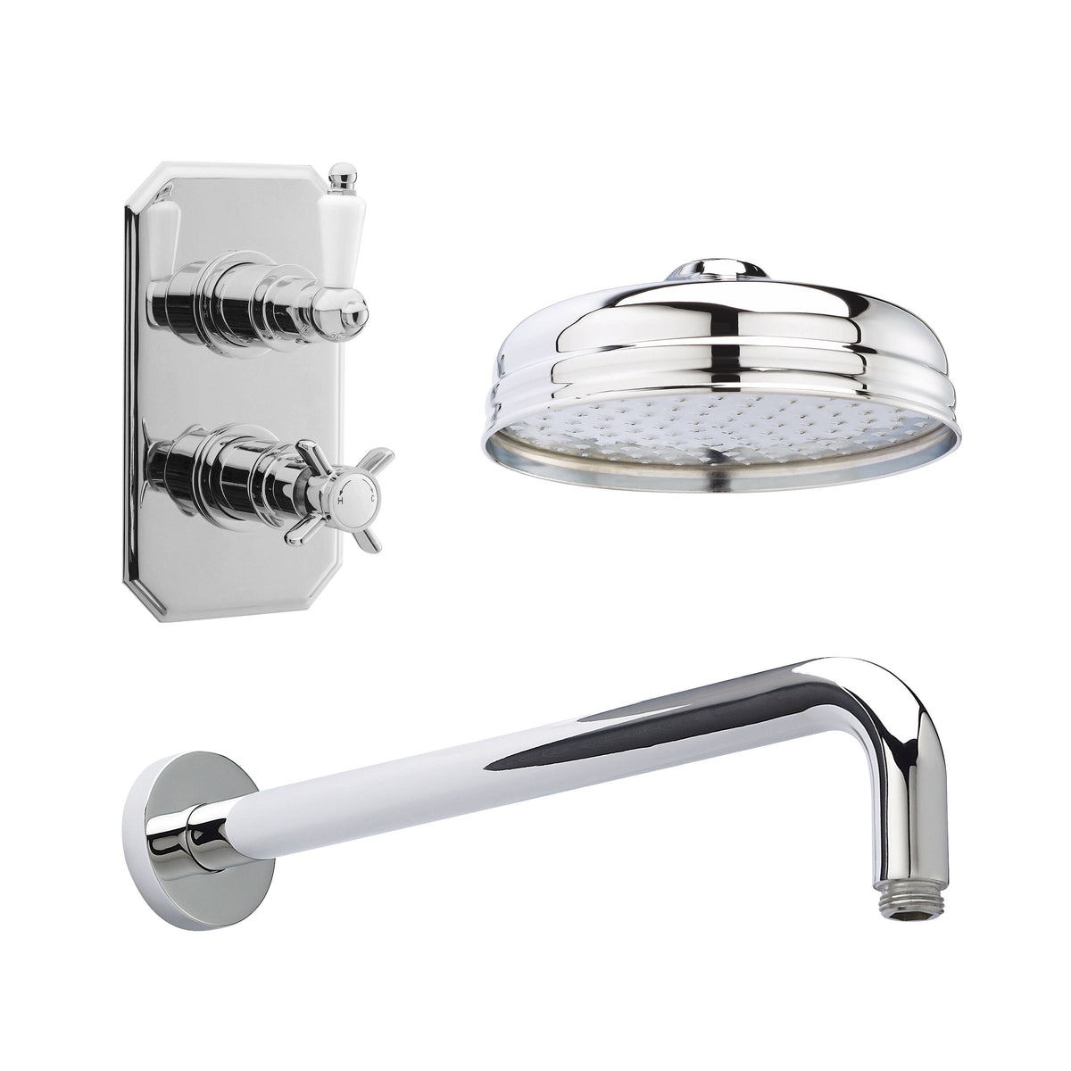 Modern Splash Chrome Traditional Twin Thermostatic Valve, Shower Arm, Fixed Shower Head And Slider Rail Kit