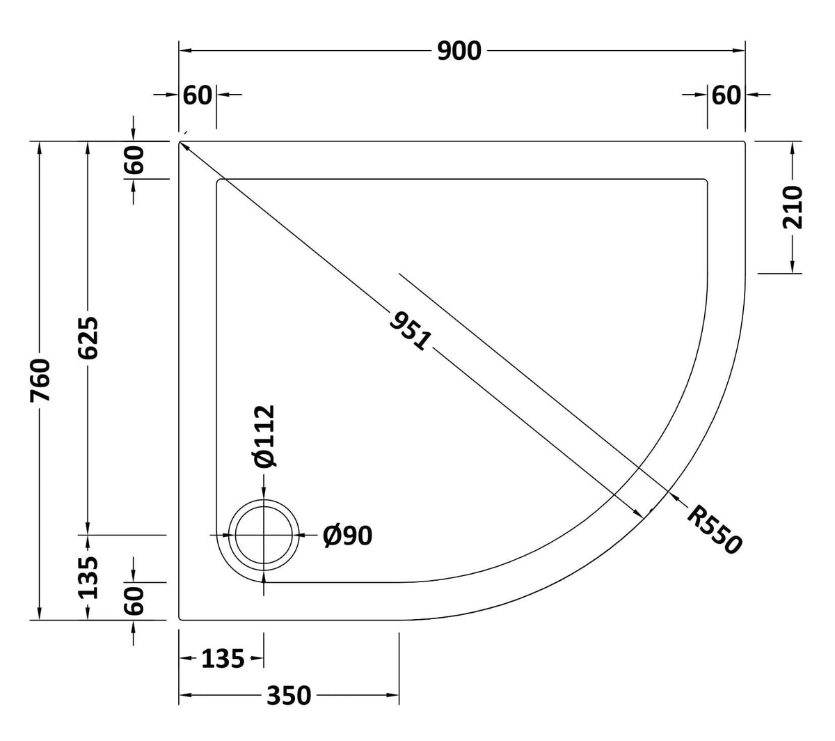 900 x 760mm Slate Grey Slimline Right Hand Offset Quadrant Shower Tray