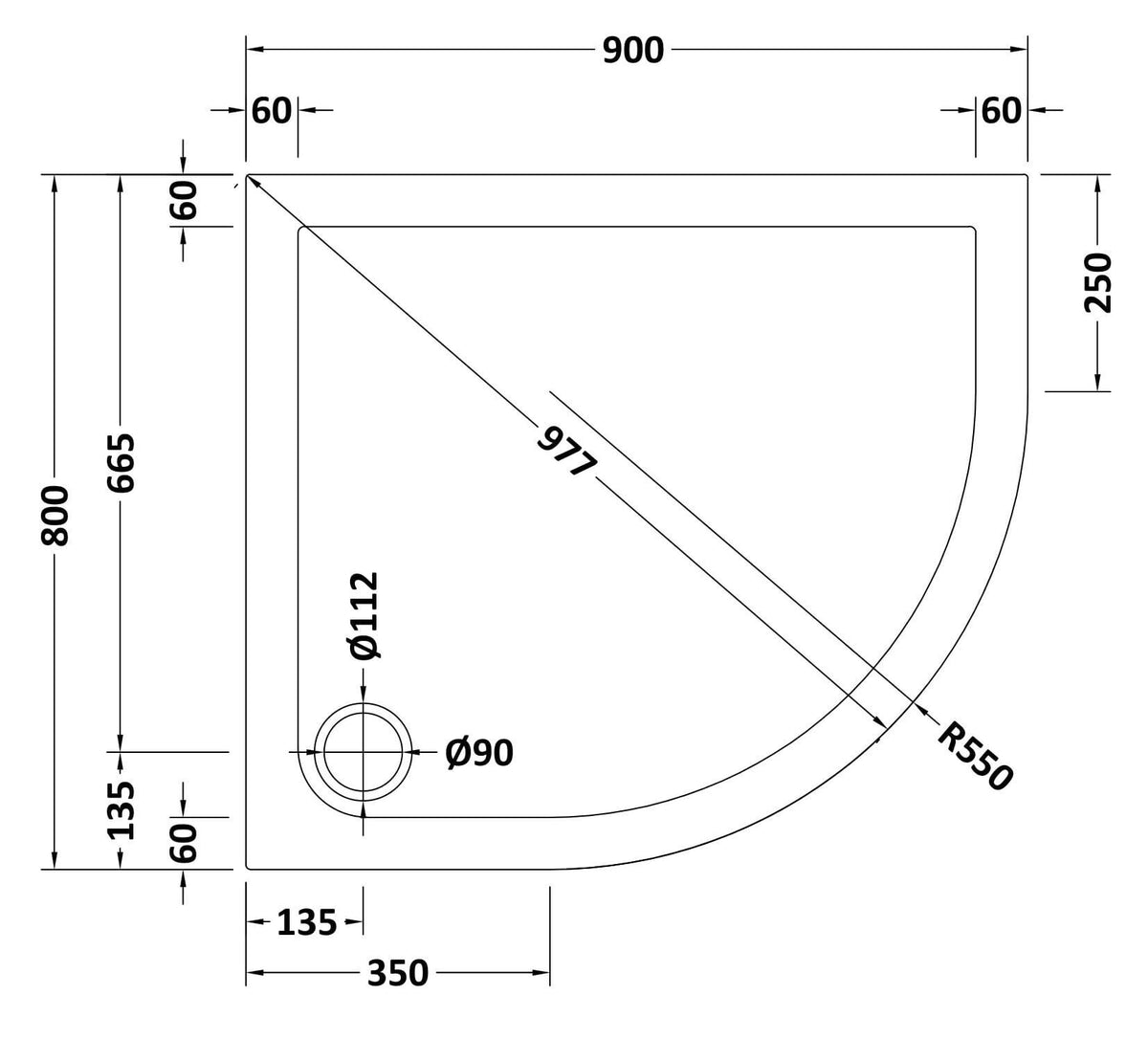 900 x 800mm Slate Grey Slimline Right Hand Offset Quadrant Shower Tray