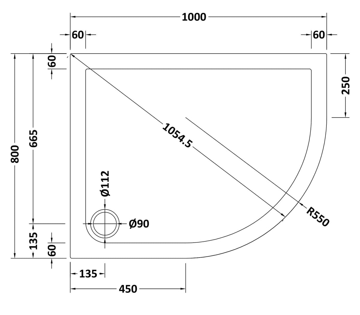 1000 x 800mm Slate Grey Slimline Right Hand Offset Quadrant Shower Tray