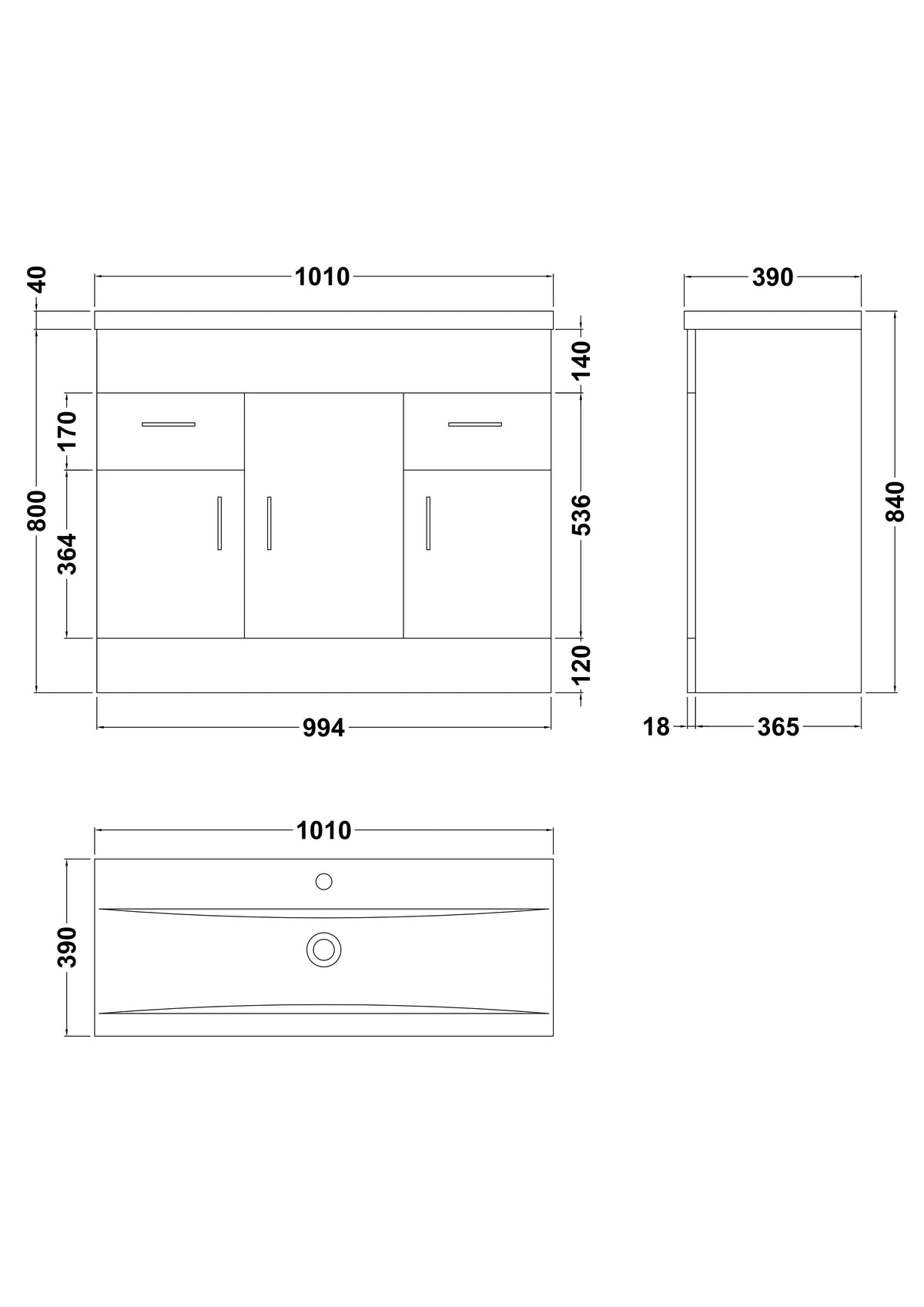 Modern Splash 1000mm Gloss White 3 Door 2 Drawer Floor Standing Cabinet With Basin
