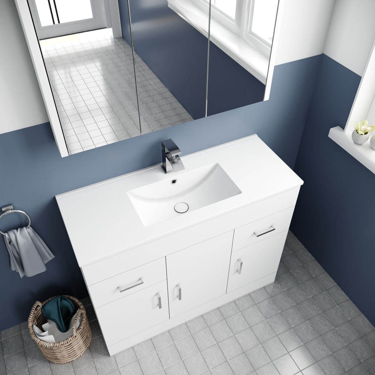 Modern Splash 1000mm Gloss White 3 Door 2 Drawer Floor Standing Cabinet With Basin