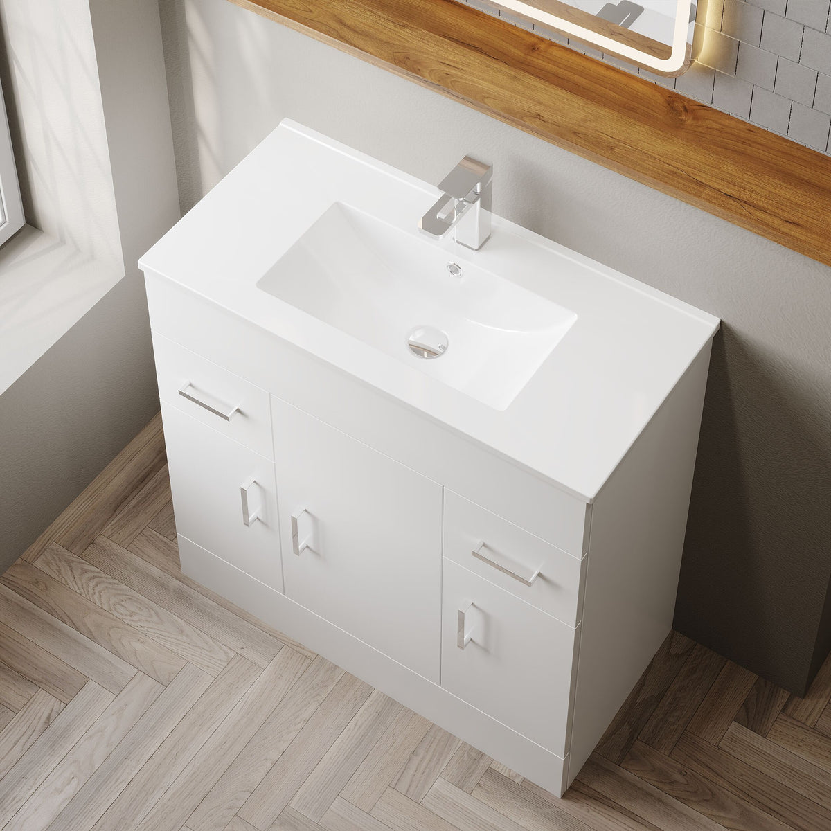 Modern Splash 800mm Gloss White 3 Door 2 Drawer Floor Standing Cabinet With Basin