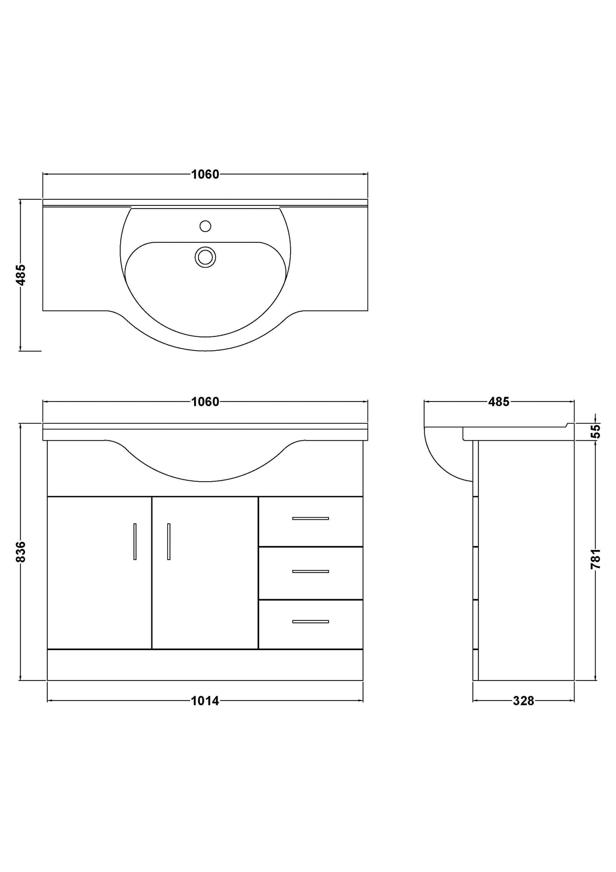 Modern Splash 1050mm Gloss White 2 Door 3 Drawer Floor Standing Cabinet With U-Shaped Basin