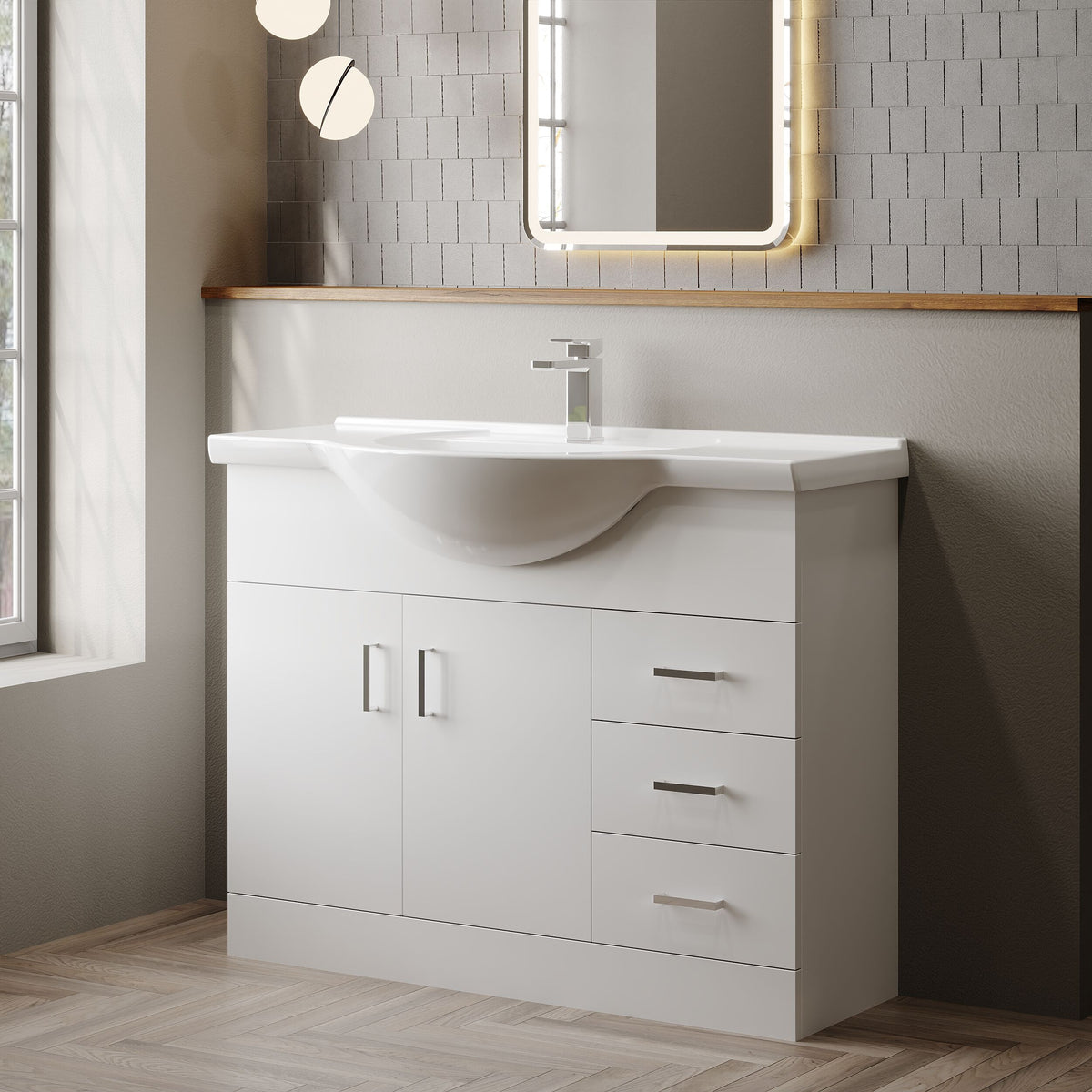 Modern Splash 1050mm Gloss White 2 Door 3 Drawer Floor Standing Cabinet With U-Shaped Basin