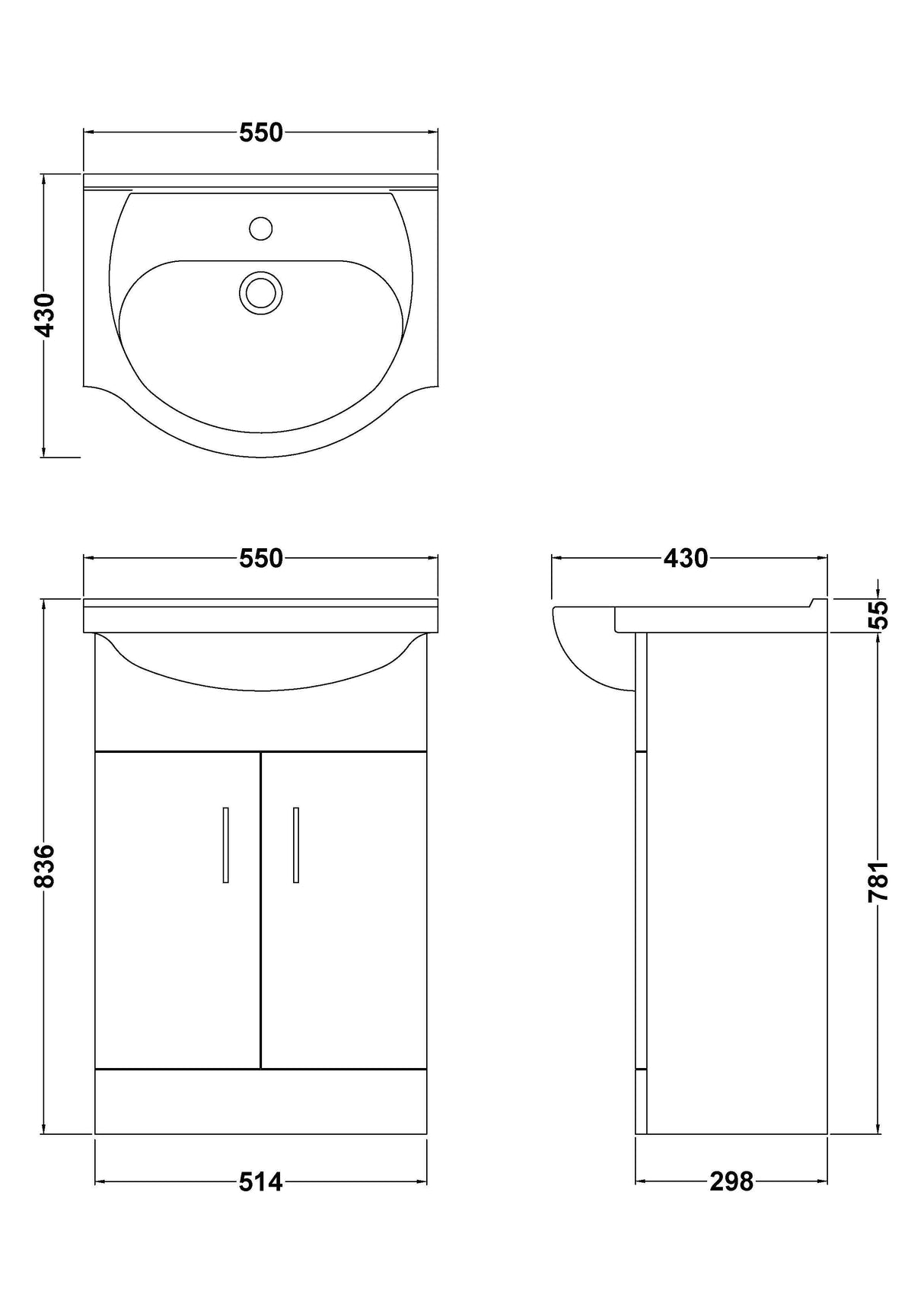 Modern Splash Mayford 550mm Gloss White 2 Door Floor Standing Cabinet With U-Shaped Basin