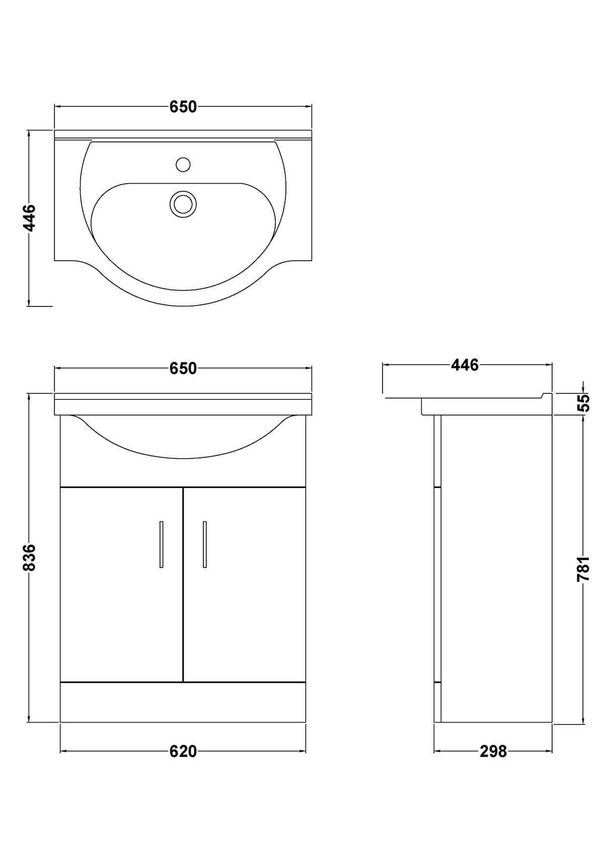 Modern Splash Mayford 650mm Gloss White 2 Door Floor Standing Cabinet With U-Shaped Basin