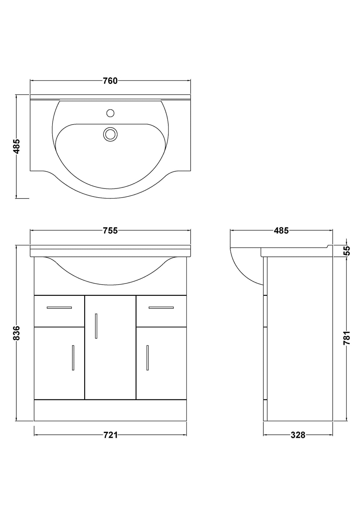 Modern Splash 750mm Gloss White 3 Door 2 Drawer Floor Standing Cabinet With U-Shaped Basin