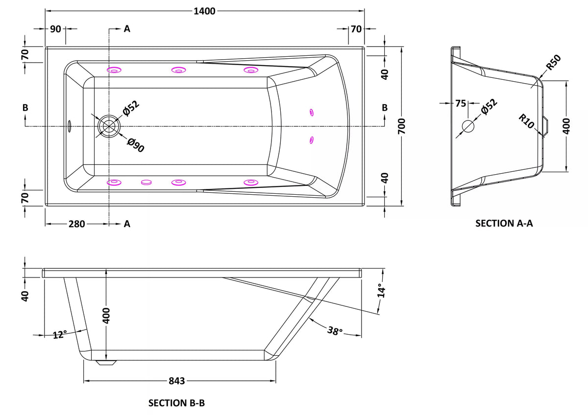 Modern Splash 1400mm Single Ended 8 Jet Whirlpool Bath