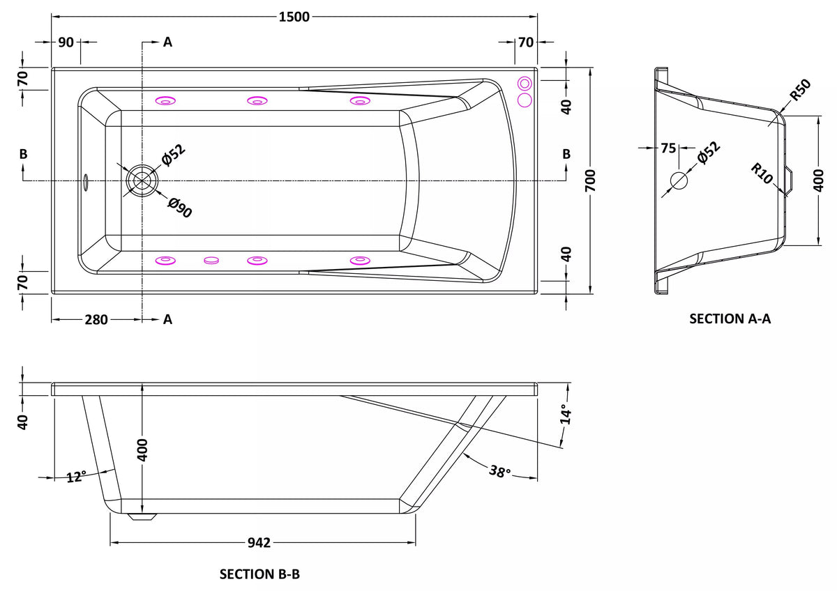 Modern Splash 1500mm Single Ended 6 White Jet Whirlpool Bath Square Single
