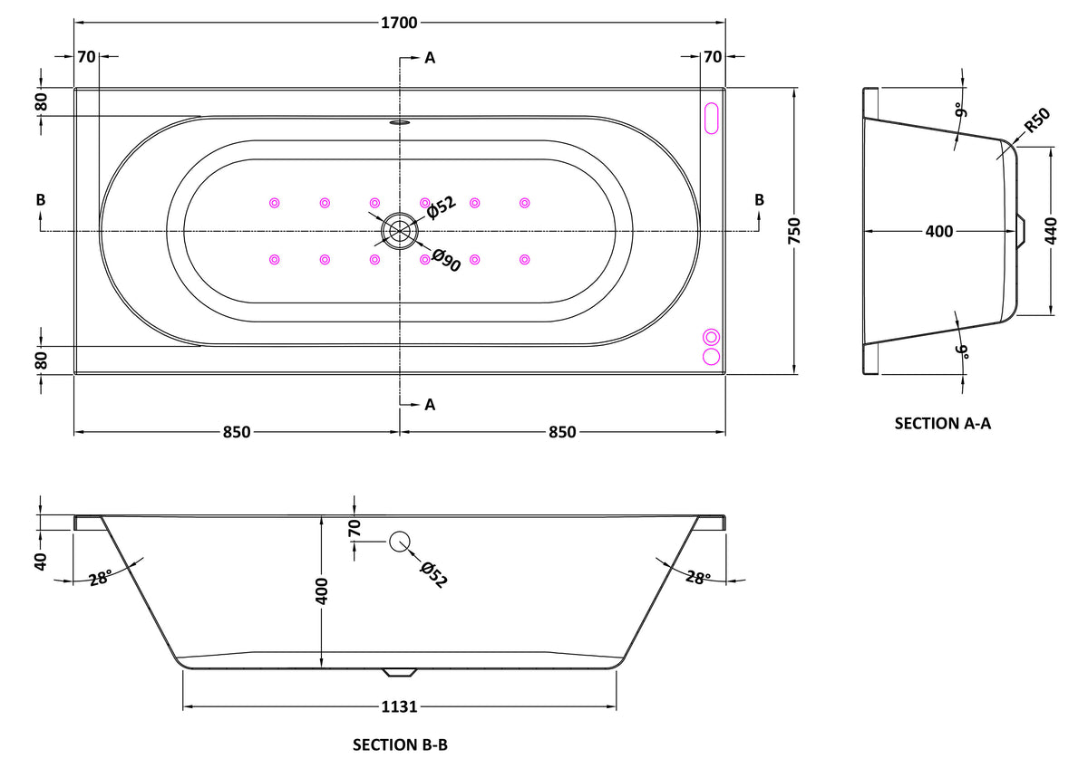 Modern Splash 1700mm Double Ended Hydrotherapy Whirlpool Bath