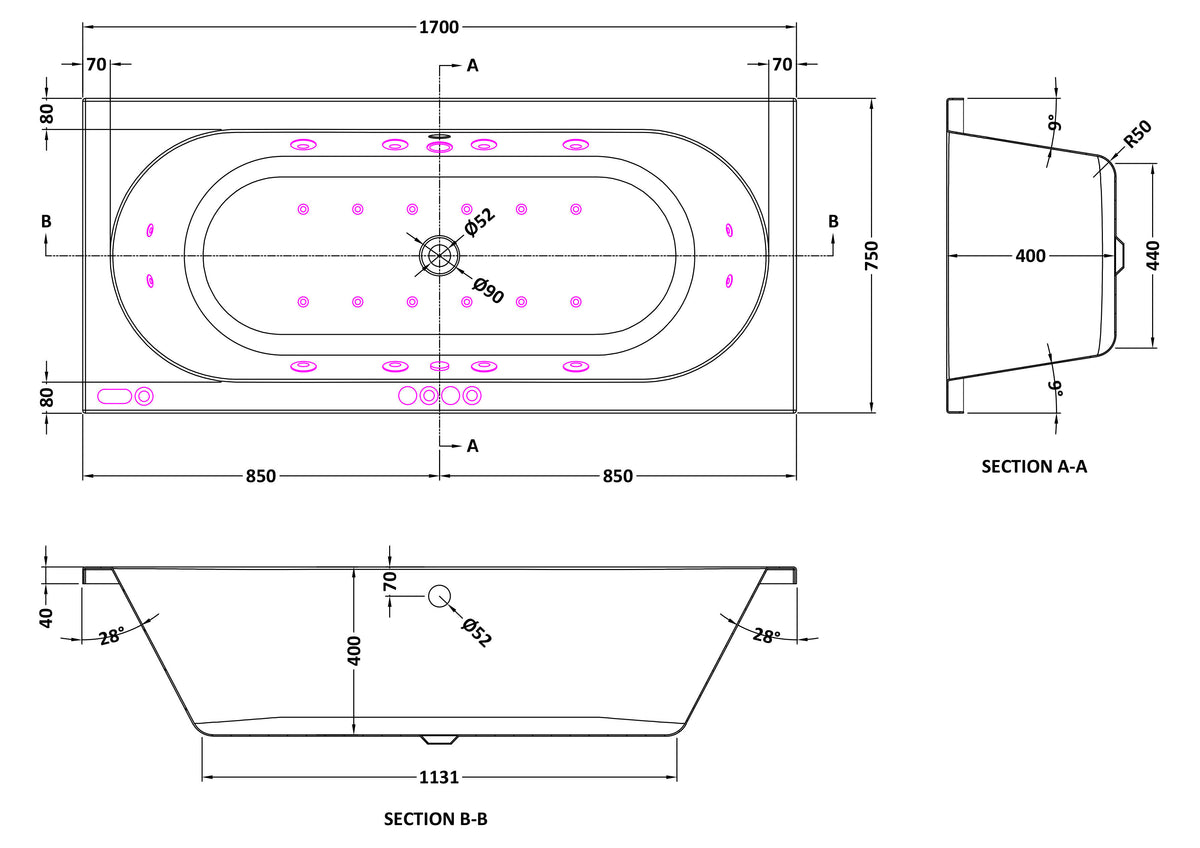 Modern Splash 1700mm Double Ended 12 Jet Hydrotherapy Whirlpool Bath With Light