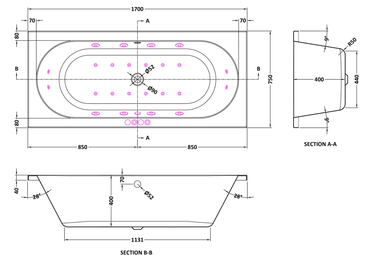 Modern Splash 1700mm Double Ended 12 Jet Hydrotherapy Whirlpool Bath