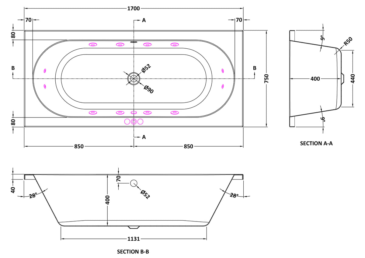 Modern Splash 1700mm Double Ended 12 Jet Whirlpool Bath