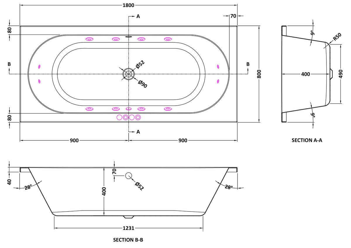 Modern Splash 1800mm Double Ended 12 Jet Hydrotherapy Whirlpool Bath