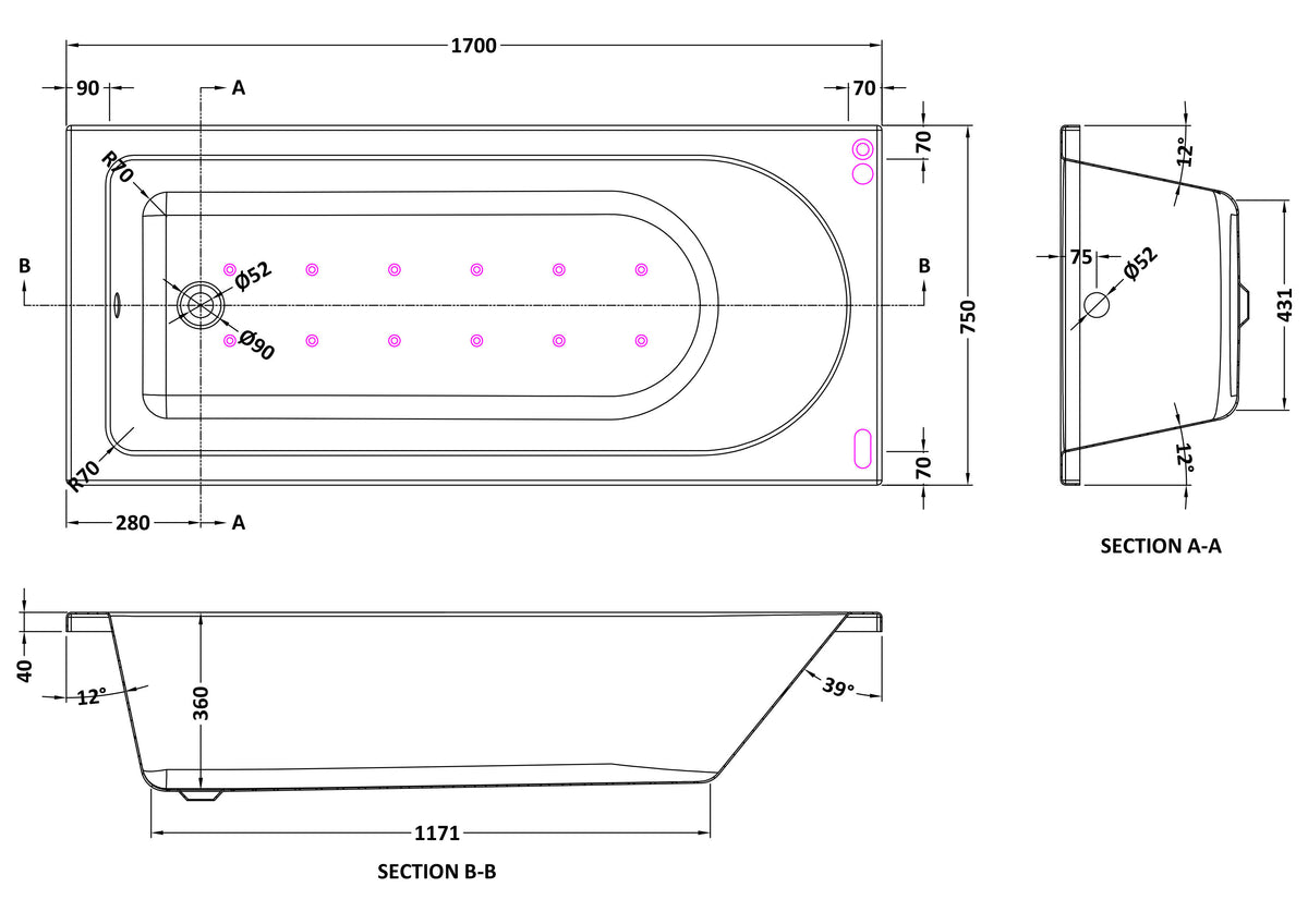 Modern Splash 1700mm Single Ended Hydrotherapy Whirlpool Bath