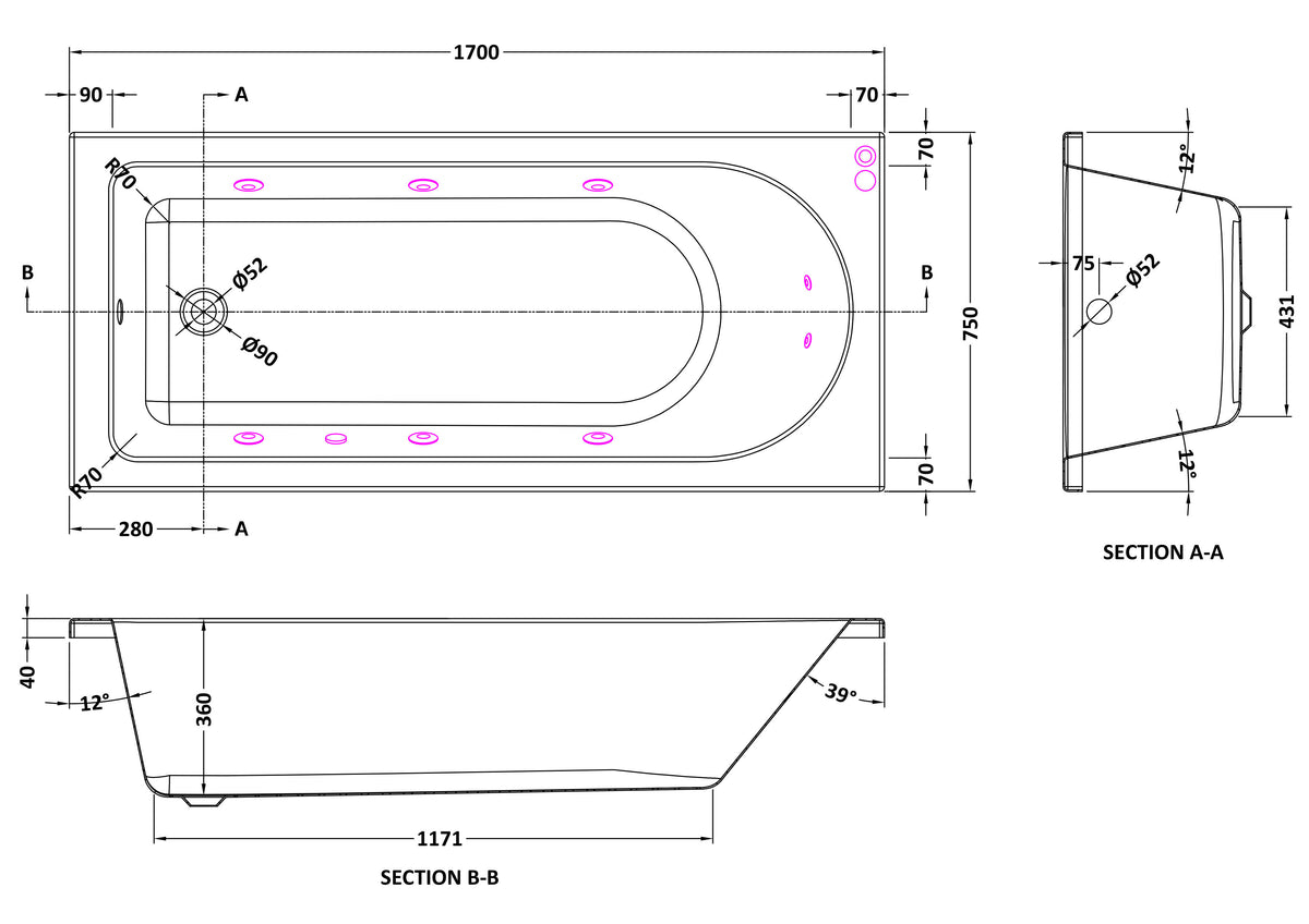 Modern Splash 1700mm Single Ended 8 Jet Whirlpool Bath