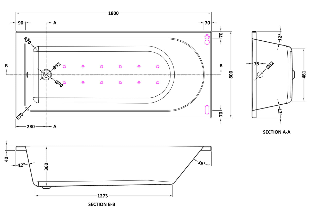 Modern Splash 1800mm Single Ended Hydrotherapy Whirlpool Bath