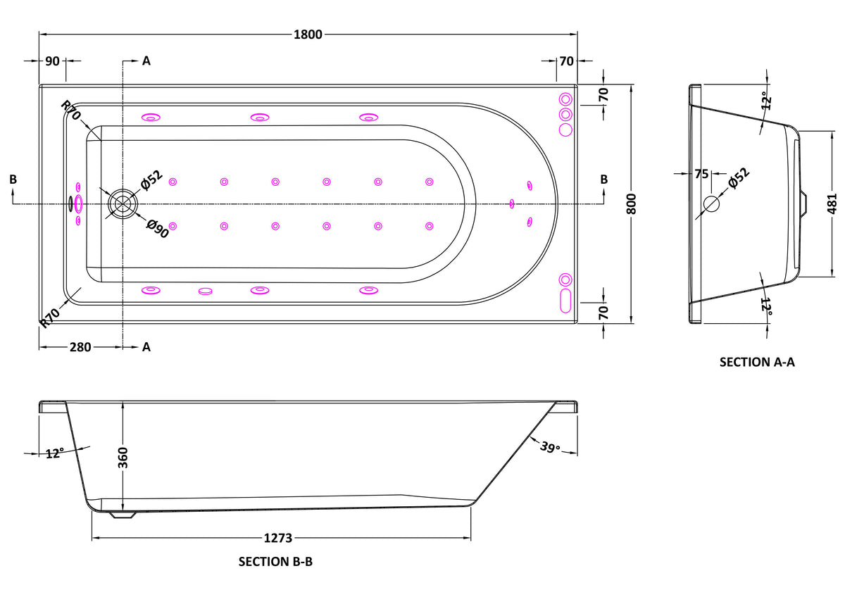 Modern Splash 1800mm Single Ended 11 Jet Hydrotherapy Whirlpool Bath With Light